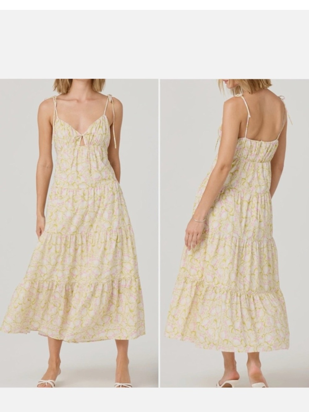 ASTR the Label Tie Strap Tiered Maxi Dress Pink Green Floral, Women's Small $128